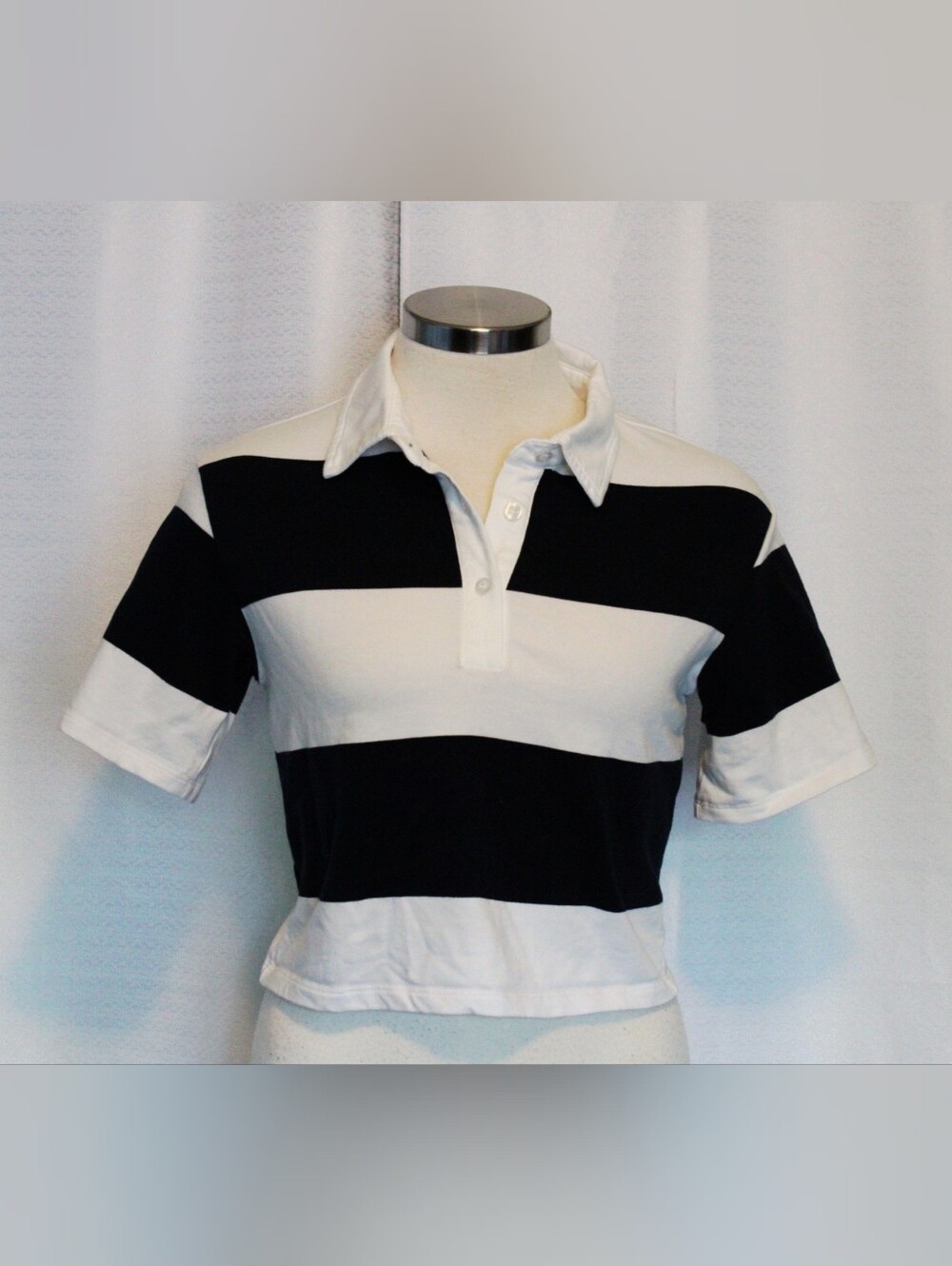 Fashion Nova Navy & White Striped Cropped Polo Top